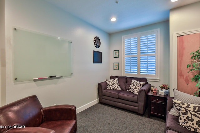 living room featuring dark carpet