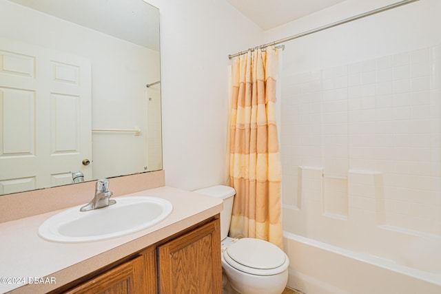 full bathroom featuring vanity, shower / bath combination with curtain, and toilet