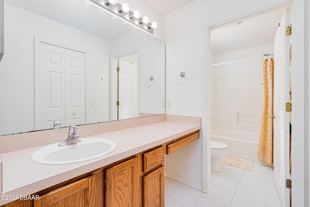 full bathroom featuring toilet, vanity, tile patterned floors, and shower / bathtub combination with curtain