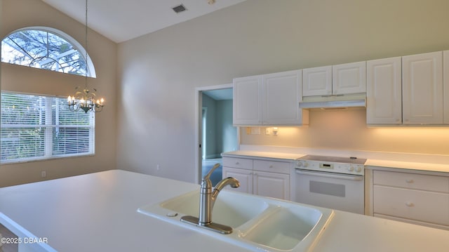 51 Bay Pointe Dr, Ormond Beach, FL 32174 - kitchen with sink, an inviting chandelier, decorative light fixtures, white range with electric stovetop, and white cabinets