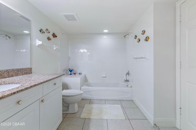 bathroom with toilet, tile patterned floors, bathtub / shower combination, vanity, and recessed lighting