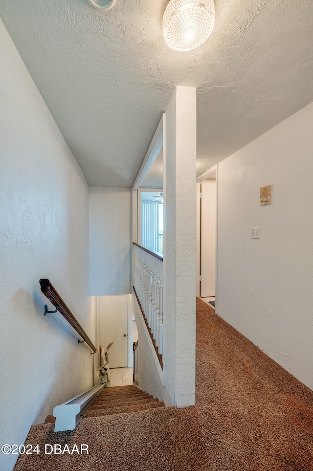 stairs featuring a textured ceiling and carpet