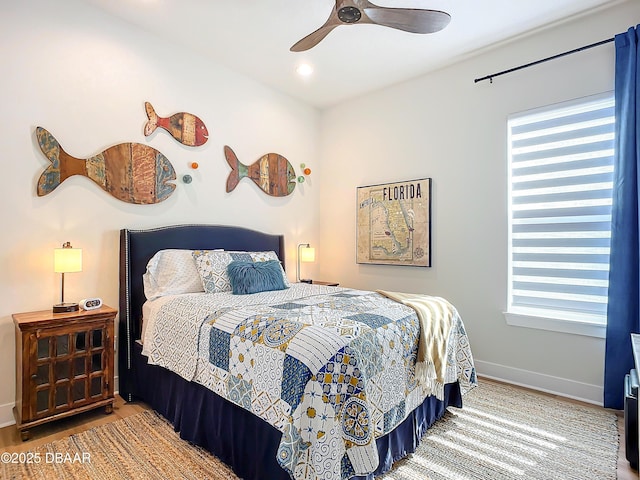 bedroom with recessed lighting, baseboards, a ceiling fan, and wood finished floors