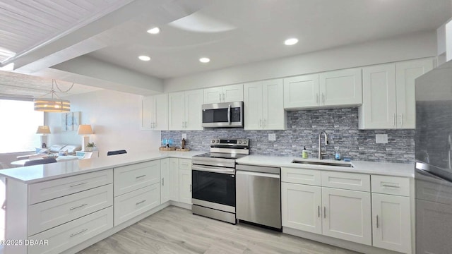1133 Ocean Shore Blvd Unit 506, Ormond Beach, FL 32176 - kitchen with stainless steel appliances, a peninsula, light countertops, white cabinets, and decorative backsplash