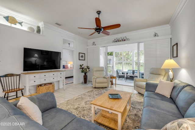 3017 Glin Cir, Ormond Beach, FL 32174 - living area with ceiling fan, ornamental molding, and built in shelves