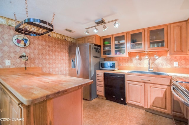 kitchen featuring appliances with stainless steel finishes, sink, and light colored carpet