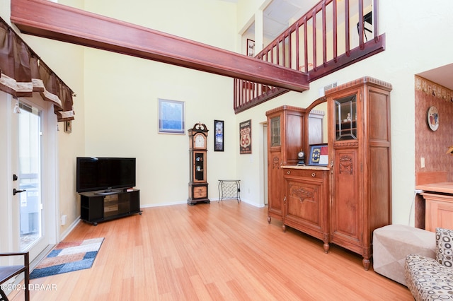 living room with a high ceiling and light hardwood / wood-style flooring