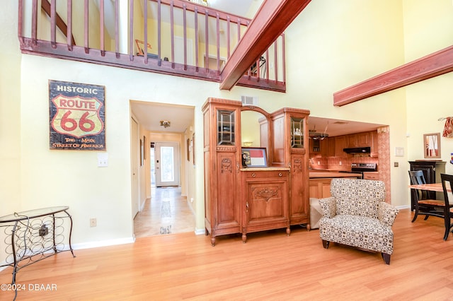 living area featuring a towering ceiling, light hardwood / wood-style flooring, and sink