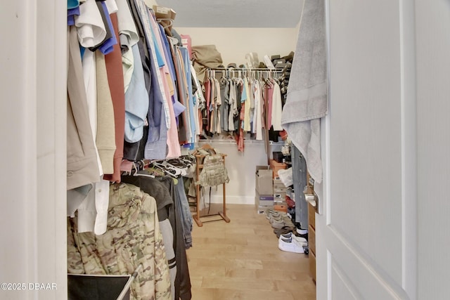 walk in closet with light hardwood / wood-style flooring