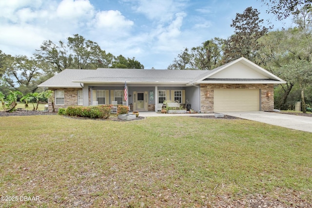 ranch-style house with a front yard, a porch, and a garage