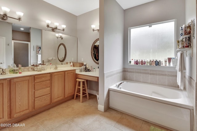 bathroom featuring vanity, tile patterned floors, and independent shower and bath