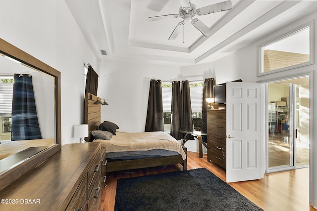 bedroom featuring ceiling fan, a tray ceiling, light hardwood / wood-style floors, and multiple windows