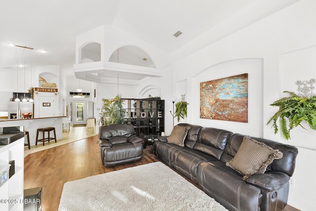 living room with light hardwood / wood-style floors and a high ceiling