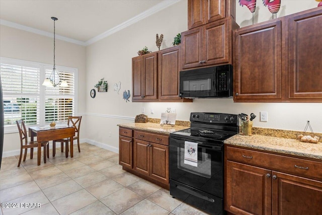 kitchen with hanging light fixtures, black appliances, light tile patterned floors, crown molding, and light stone countertops