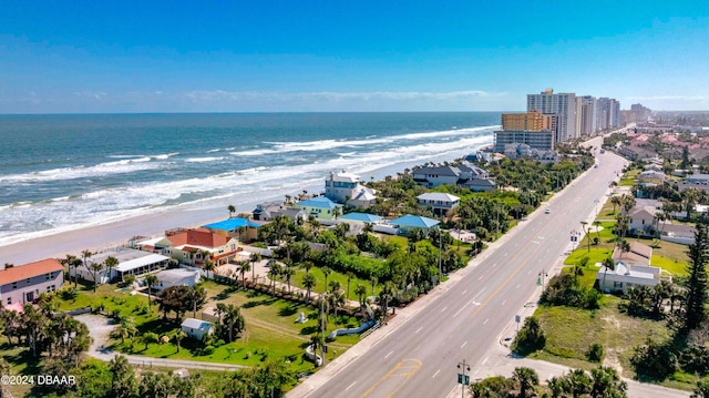 aerial view featuring a beach view and a water view