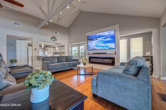 living room featuring hardwood / wood-style flooring and high vaulted ceiling