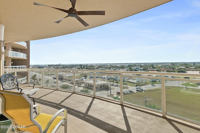 balcony featuring ceiling fan