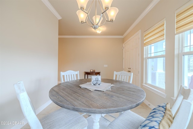 tiled dining space featuring an inviting chandelier and crown molding