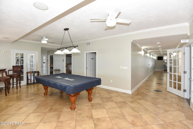 game room with ornamental molding, french doors, billiards, and ceiling fan