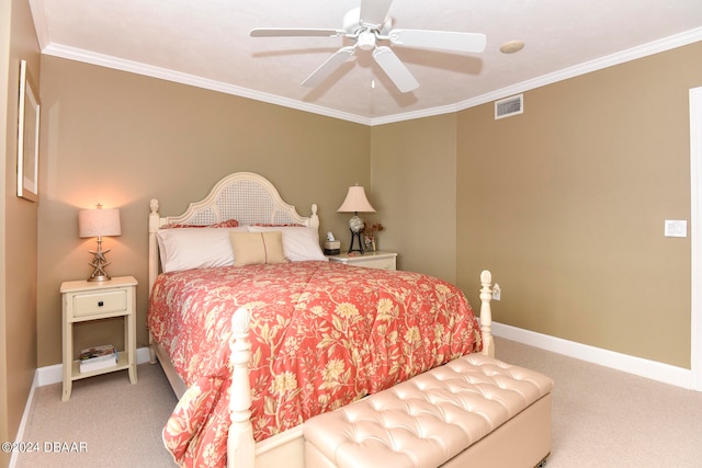 bedroom featuring ceiling fan, carpet flooring, and ornamental molding