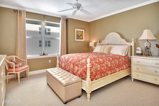 bedroom with ornamental molding, light carpet, and ceiling fan