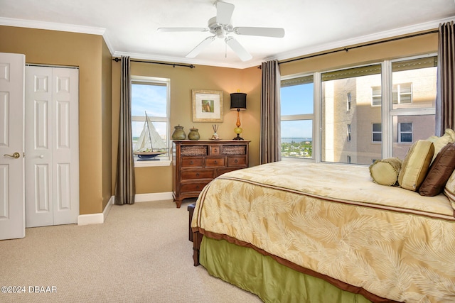 carpeted bedroom featuring ornamental molding, ceiling fan, and a closet