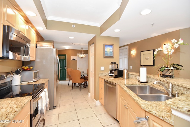 kitchen with sink, light tile patterned floors, crown molding, appliances with stainless steel finishes, and light brown cabinetry