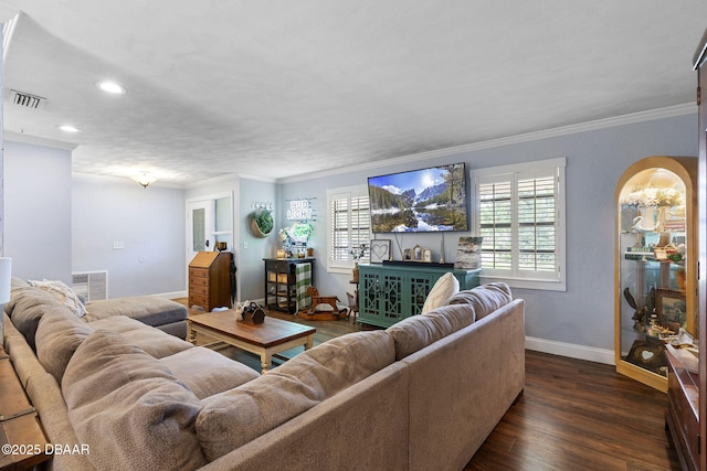 552 Hamlet Dr, Port Orange, FL 32127 - living area featuring dark wood-type flooring, ornamental molding, and recessed lighting