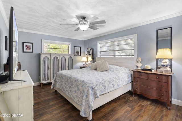 552 Hamlet Dr, Port Orange, FL 32127 - bedroom featuring dark wood-style floors, ornamental molding, and ceiling fan