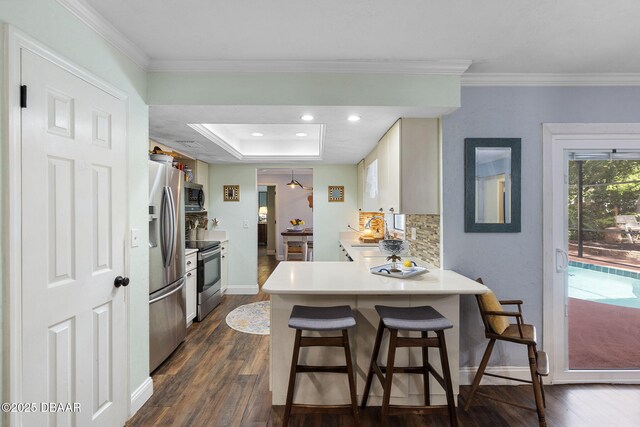 552 Hamlet Dr, Port Orange, FL 32127 - kitchen with stainless steel appliances, dark wood-style flooring, a peninsula, a breakfast bar, and light countertops