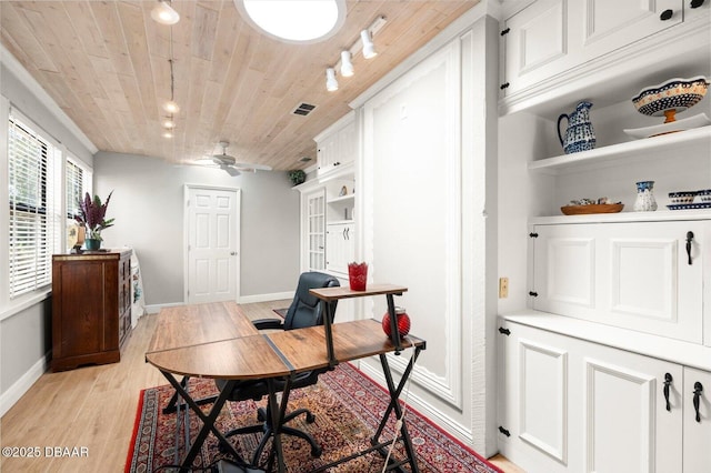 home office featuring visible vents, wooden ceiling, baseboards, light wood-style flooring, and ceiling fan