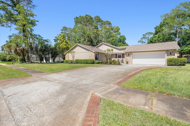 ranch-style house featuring an attached garage, driveway, stone siding, and a front lawn