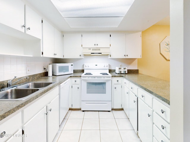 kitchen with white cabinets, white appliances, ventilation hood, and sink