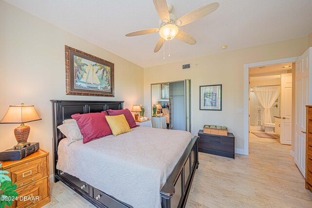 bedroom featuring light hardwood / wood-style floors, ceiling fan, and a closet