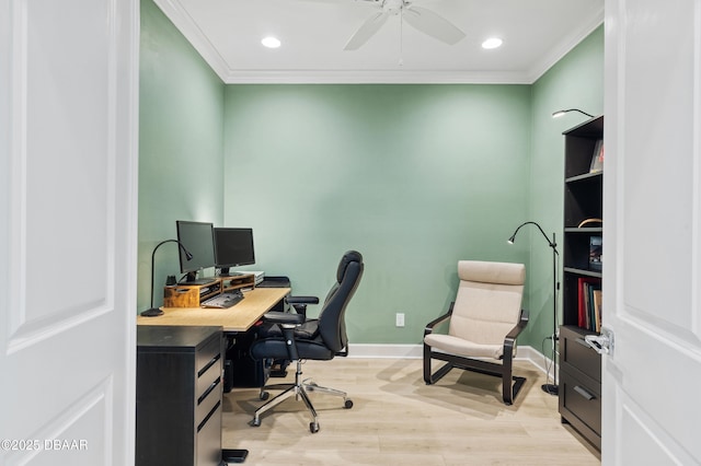 831 Coral Reef Way, Daytona Beach, FL 32124 - office area featuring a ceiling fan, baseboards, light wood-style flooring, recessed lighting, and crown molding
