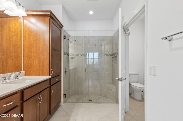 831 Coral Reef Way, Daytona Beach, FL 32124 - bathroom featuring tile patterned floors, toilet, a stall shower, and vanity