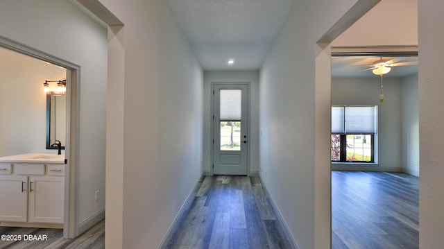 interior space with sink, ceiling fan, and light hardwood / wood-style floors