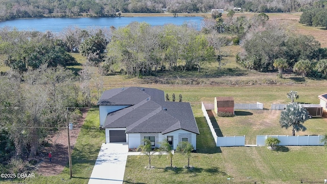 bird's eye view with a water view