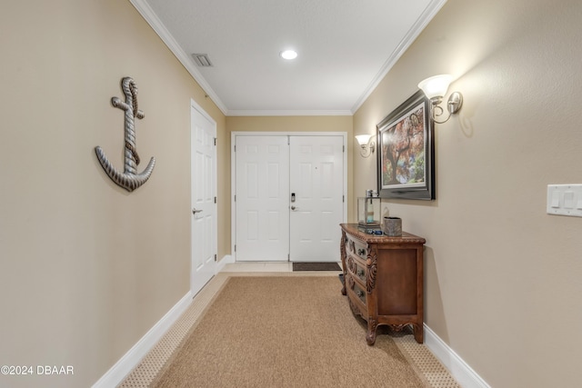 doorway with light colored carpet and crown molding