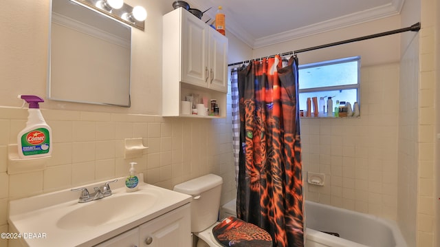 full bathroom featuring toilet, tile walls, ornamental molding, vanity, and shower / bath combination with curtain