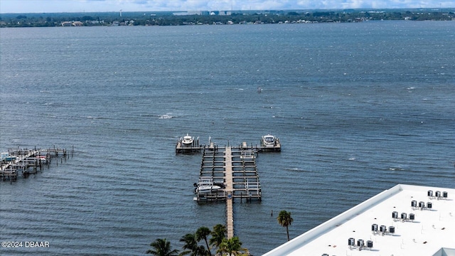 exterior space with a water view