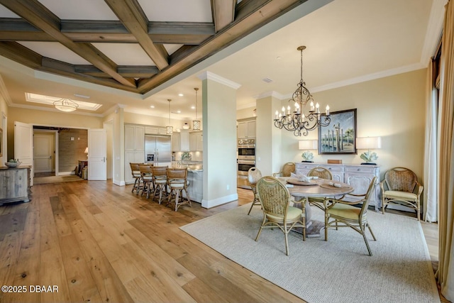 dining area with crown molding, light wood-style floors, coffered ceiling, beamed ceiling, and baseboards