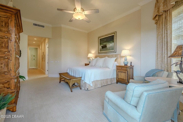 bedroom with light carpet, ornamental molding, visible vents, and baseboards