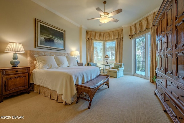 bedroom with a ceiling fan, access to outside, light carpet, and crown molding