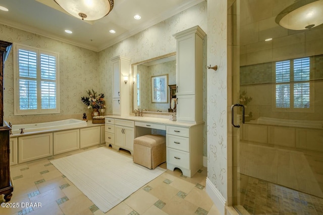 full bath featuring a garden tub, recessed lighting, a shower stall, wallpapered walls, and crown molding