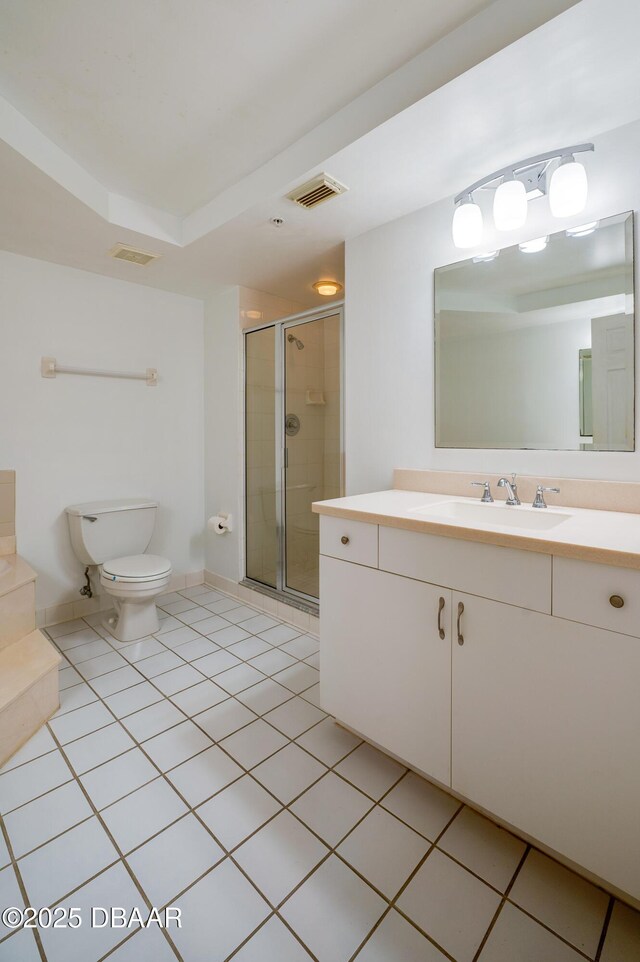 bathroom with toilet, vanity, visible vents, a shower stall, and tile patterned floors