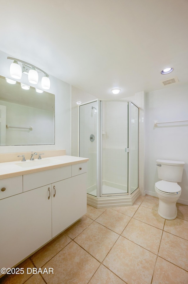 full bath with visible vents, toilet, tile patterned flooring, vanity, and a shower stall