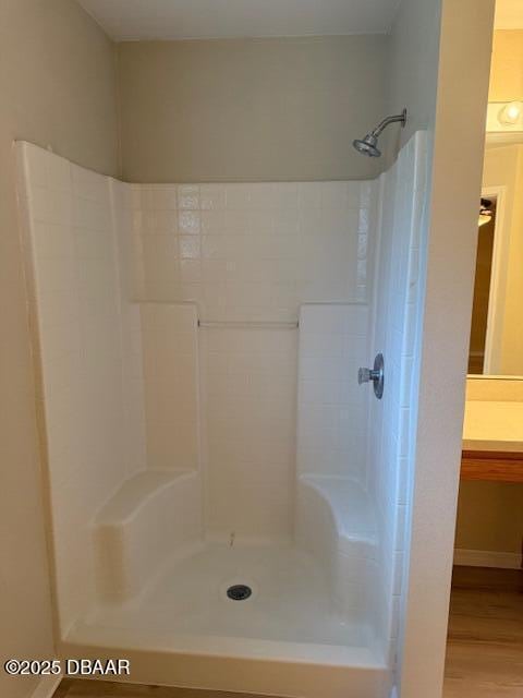 107 Beacon Mill Ln, Palm Coast, FL 32137 - bathroom with a shower, vanity, and wood finished floors