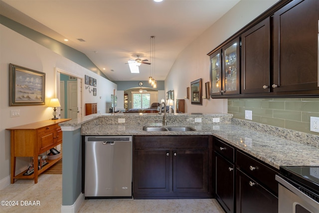 kitchen featuring vaulted ceiling, sink, stainless steel dishwasher, ceiling fan, and dark brown cabinets