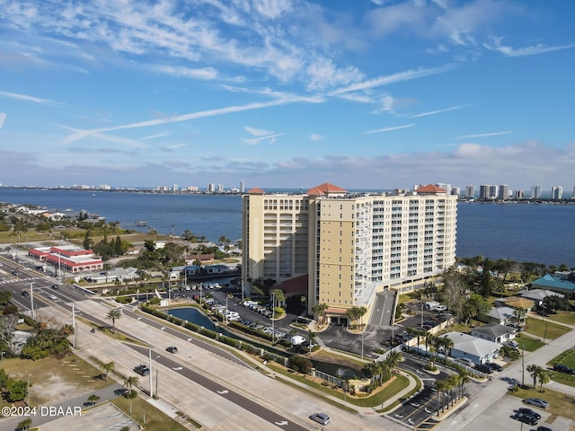 drone / aerial view with a water view